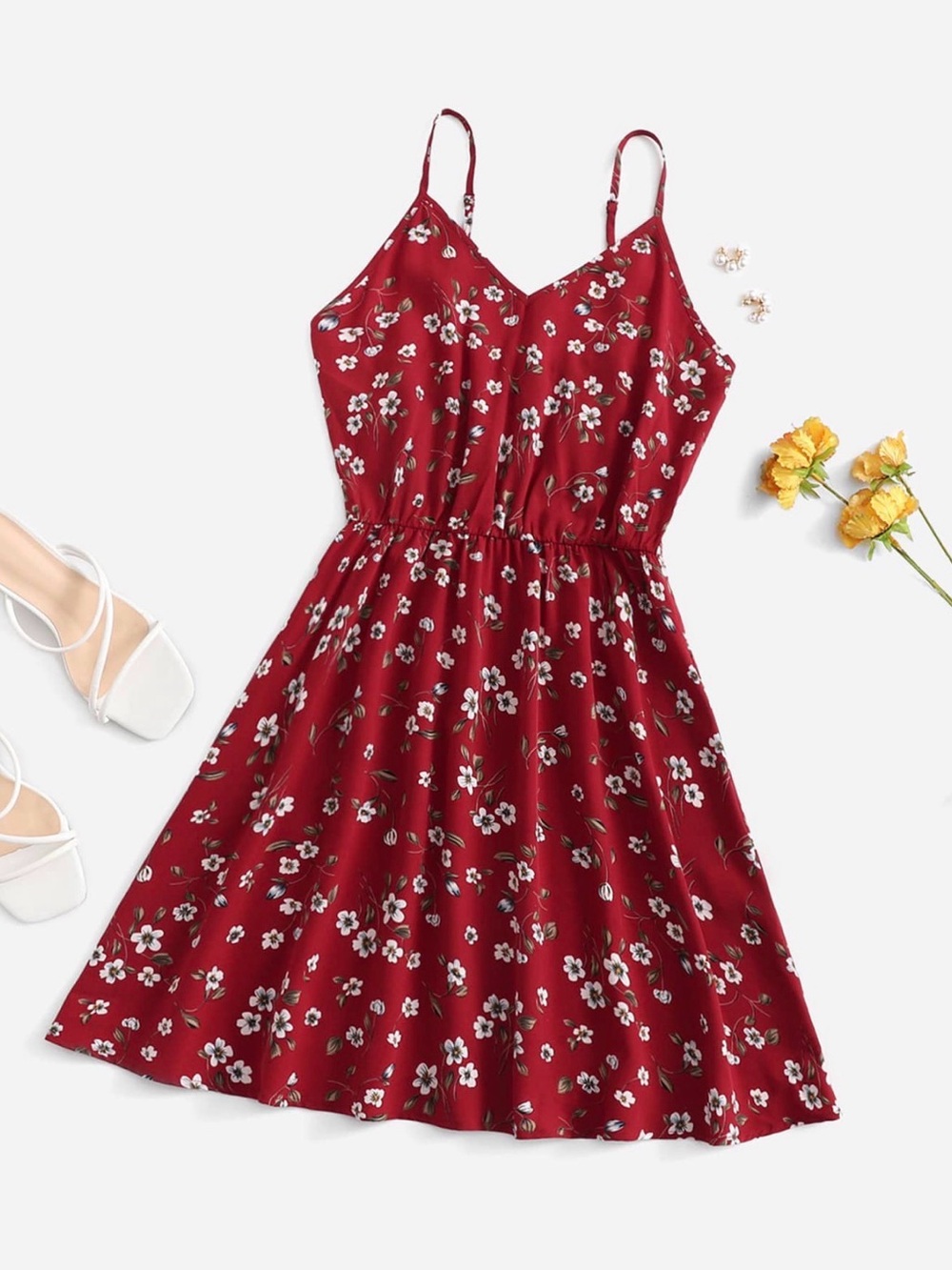 Floral Adjustable Spaghetti Strap Sundress in Dark Red/Burgundy